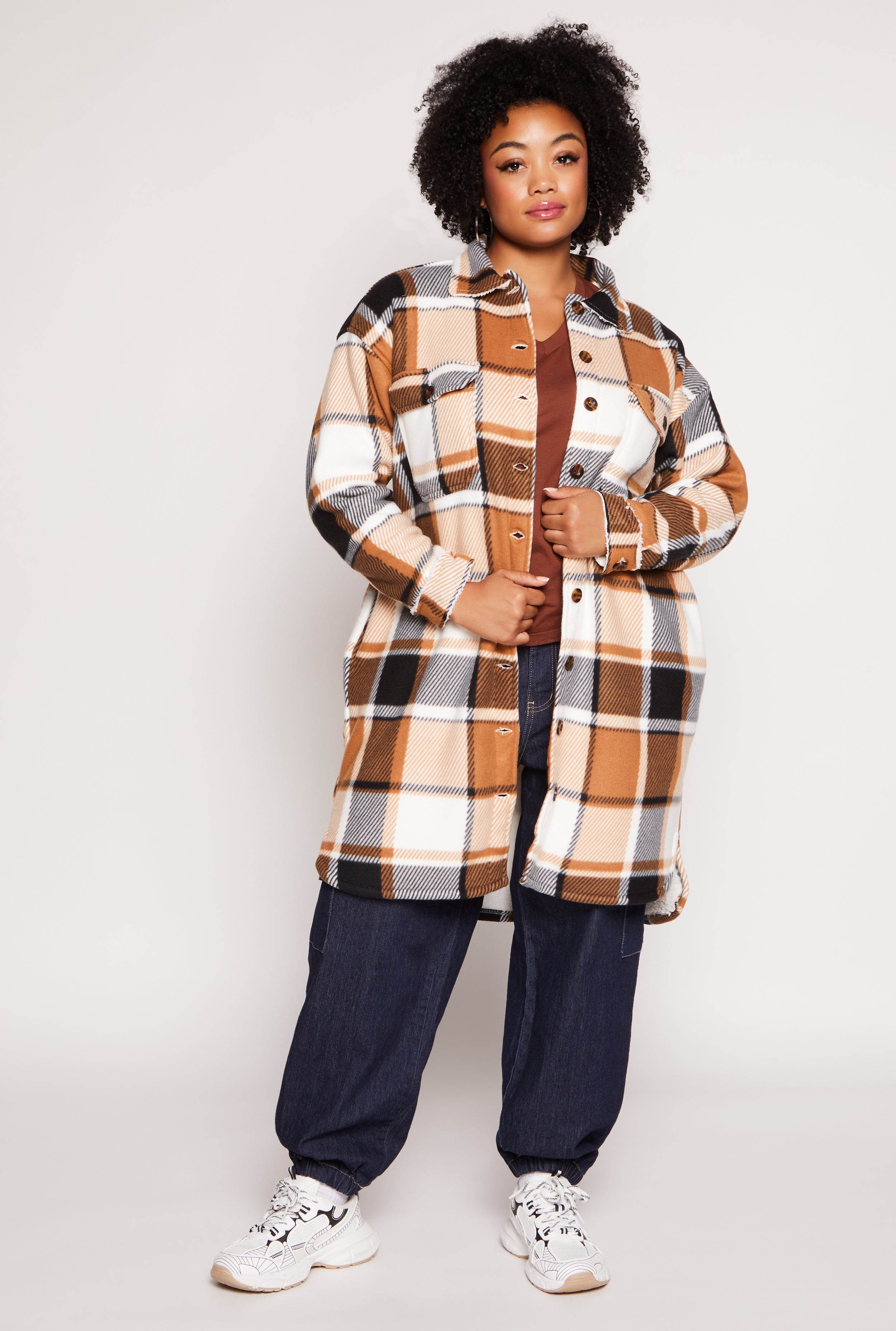Plus Size Sherpa Lined Plaid Long Shacket、mySite、camillekostekn