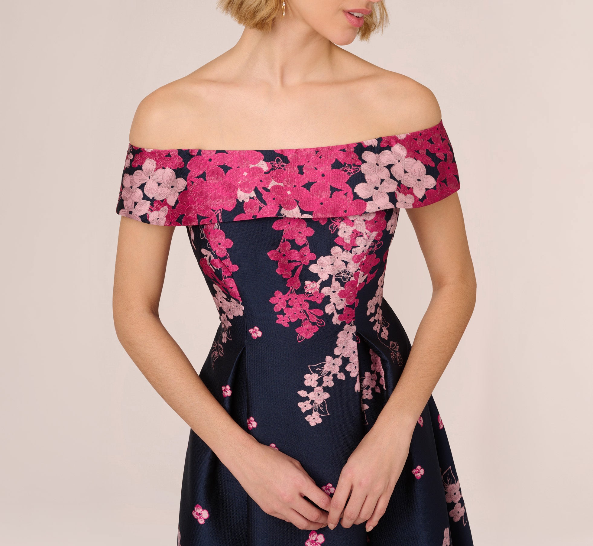 Floral Jacquard Ankle Length Dress With Off The Shoulder Neckline In Navy Pink Multi、mySite、solidvoid