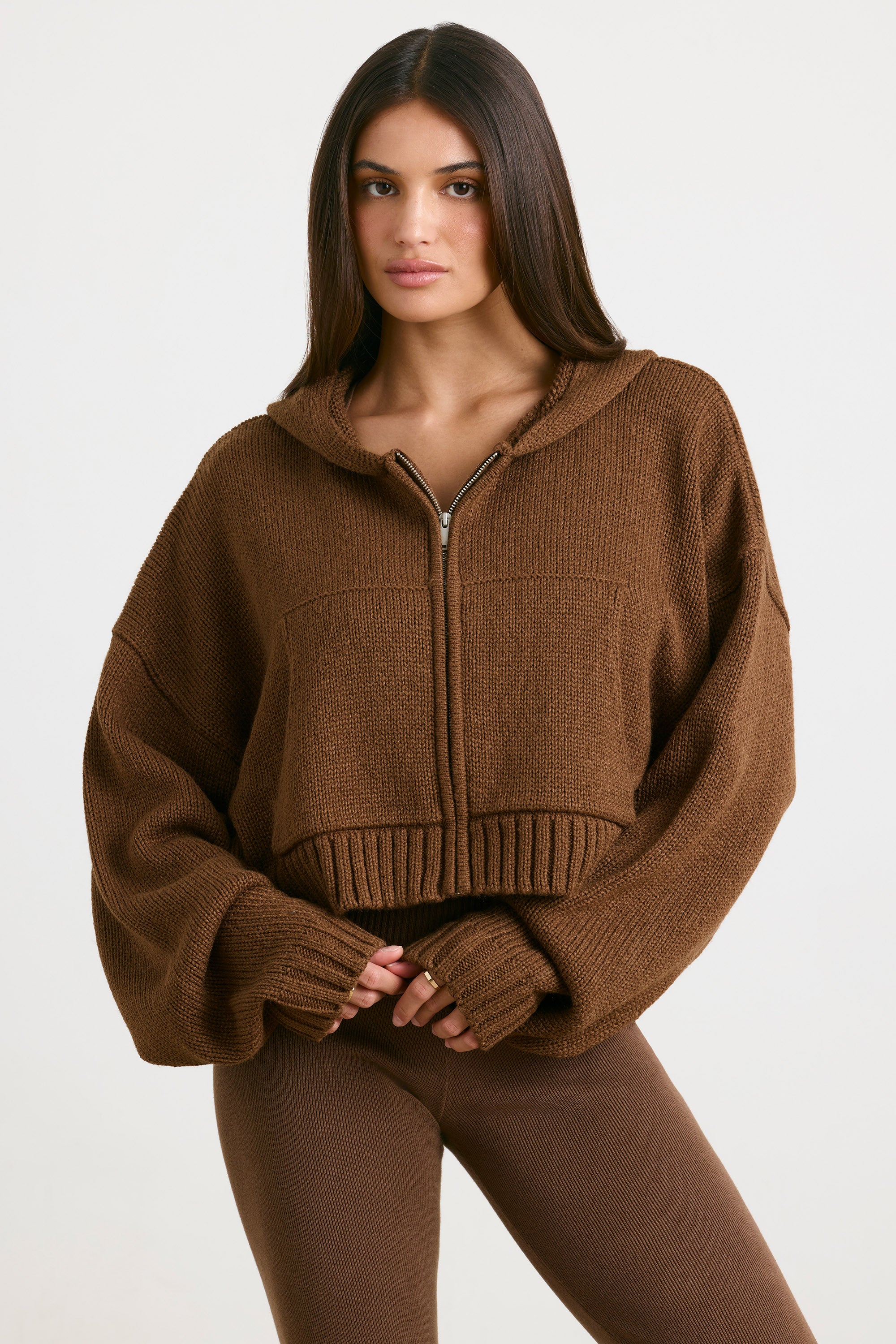 Cropped Zip Up Chunky Knit Hoodie in Espresso、mySite、solidvoid