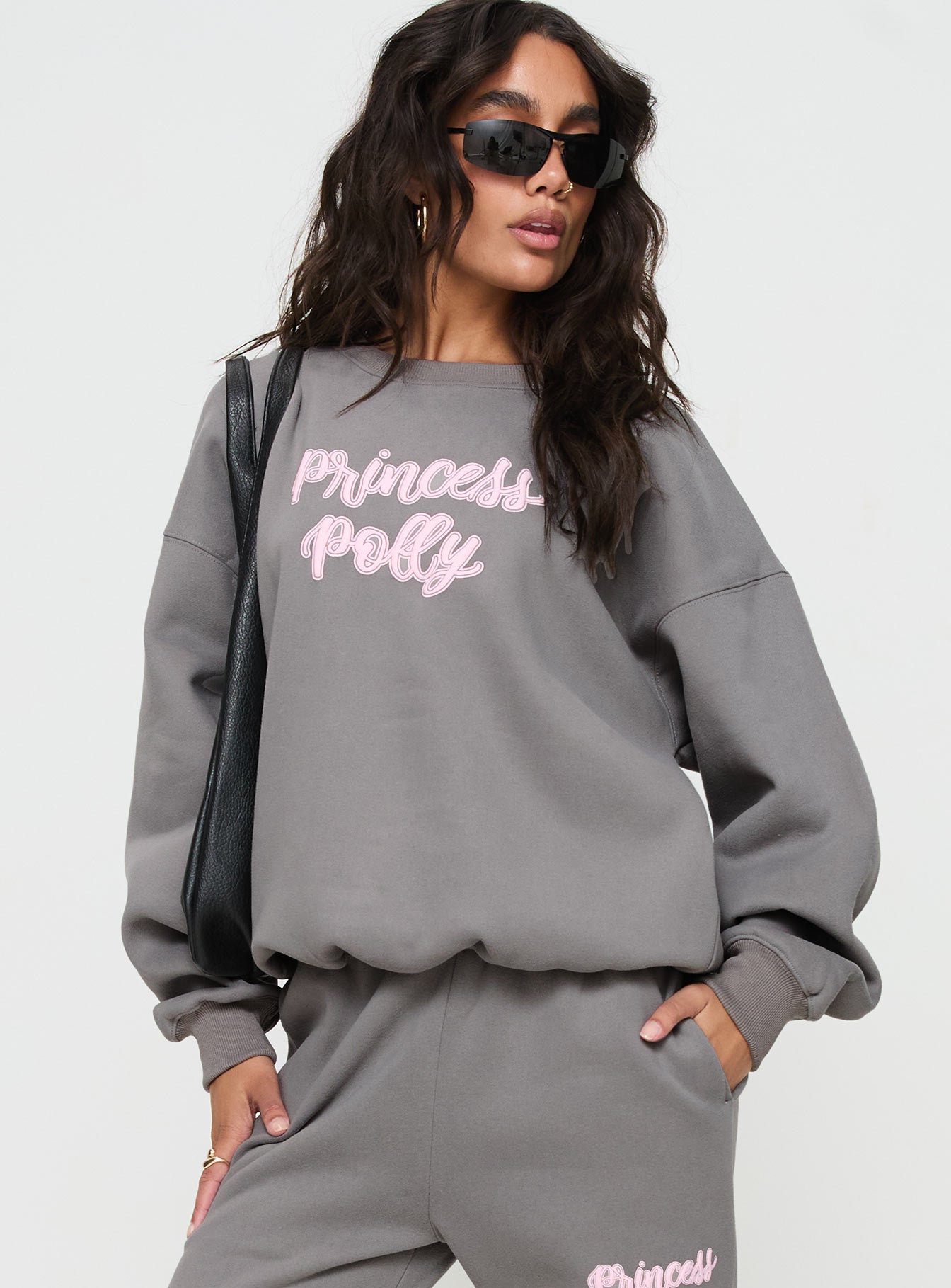 Princess Polly Crew Neck Sweatshirt Puff Text Charcoal、mySite、solidvoid
