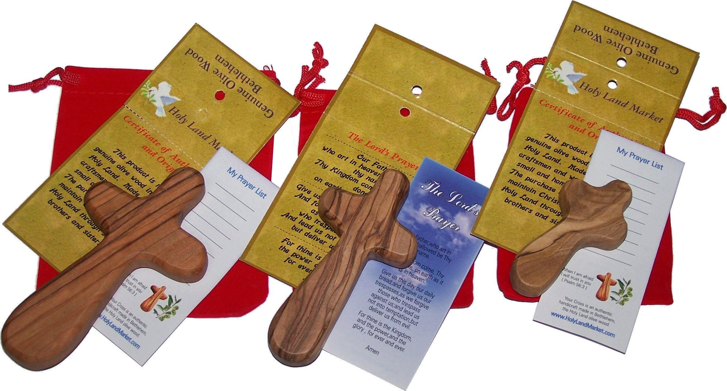  Holy Land Market Three Olive Wood Comfort Handheld Crosses with Velvet Bags & Lord's Prayer Cards - Set of Three Sizes、mySite、elrpsem3k