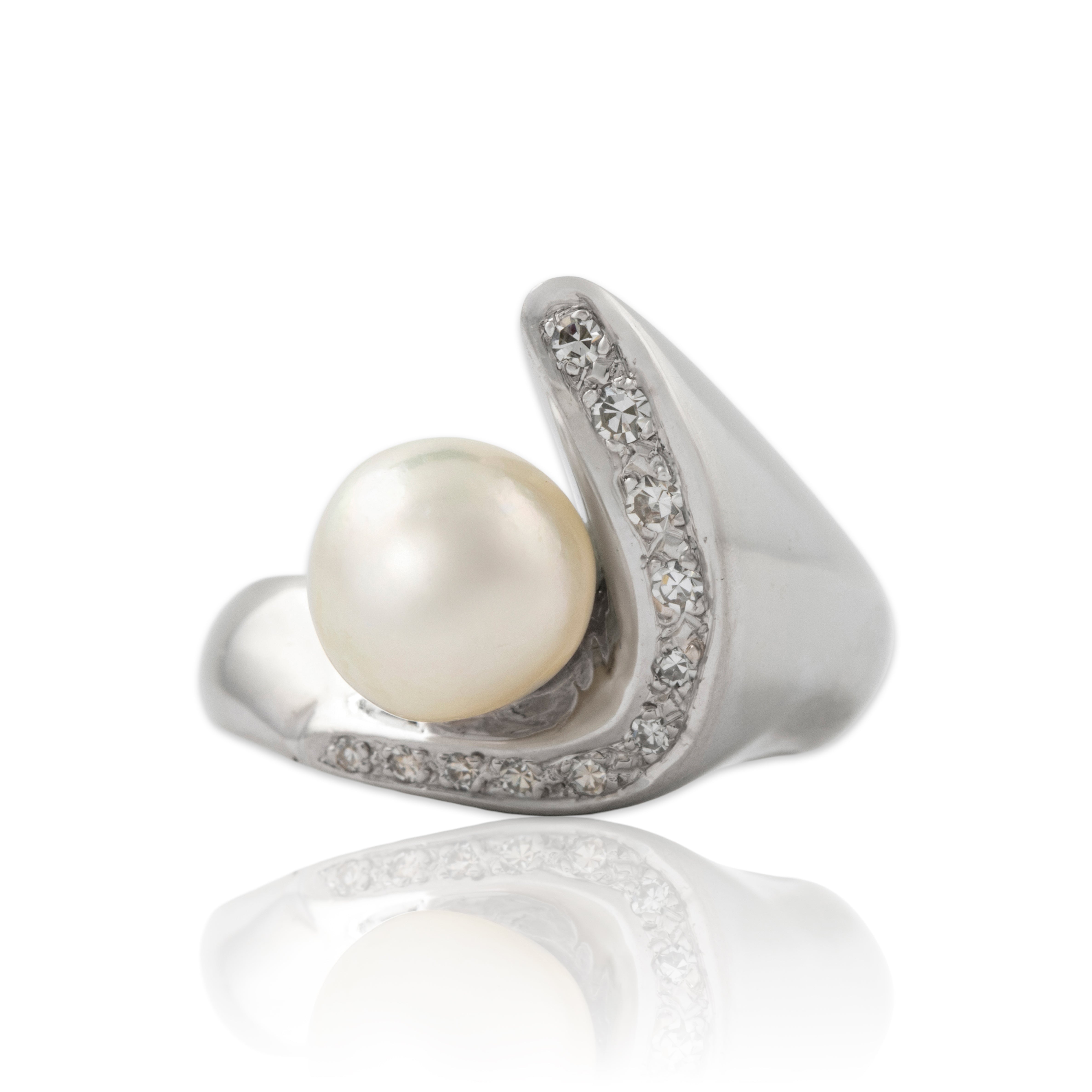 Vintage Heavy 14k White Gold Pearl Diamond Chic Modernist Ring 6.25、mySite、hinf8tx79