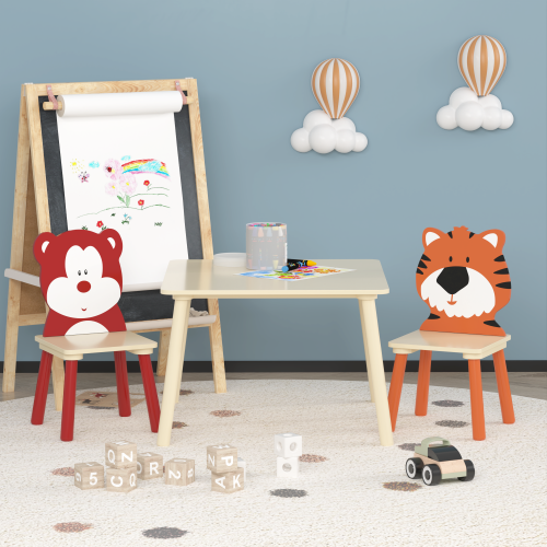 Kids Table and 2 Chairs Set, 3 Pieces Toddler Table and Chair Set, Wooden Activity Play Table Set (Lion&Monkey)、、casual