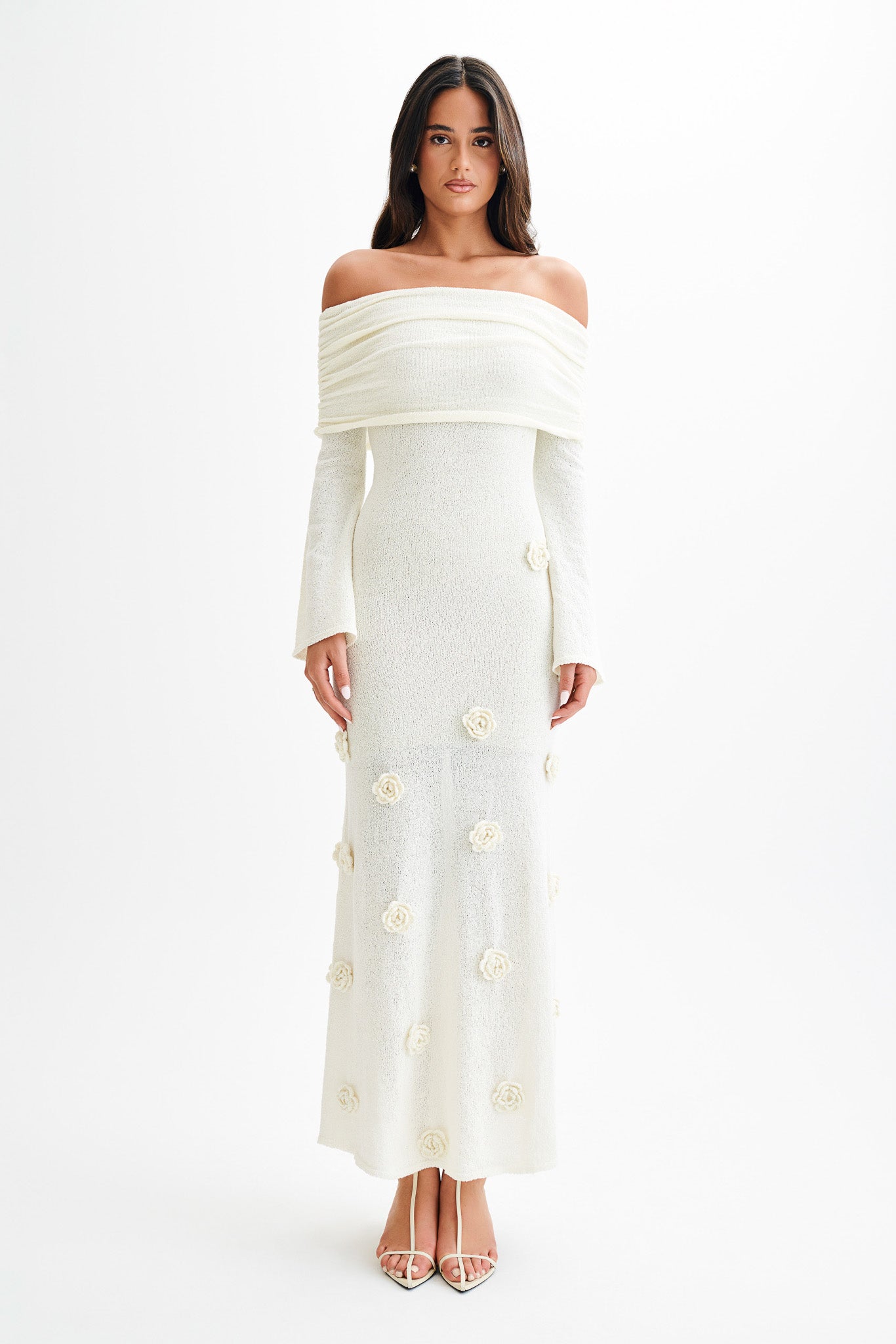 Kiki Off Shoulder Knit Rose Maxi Dress - Ivory、mySite、solidvoid