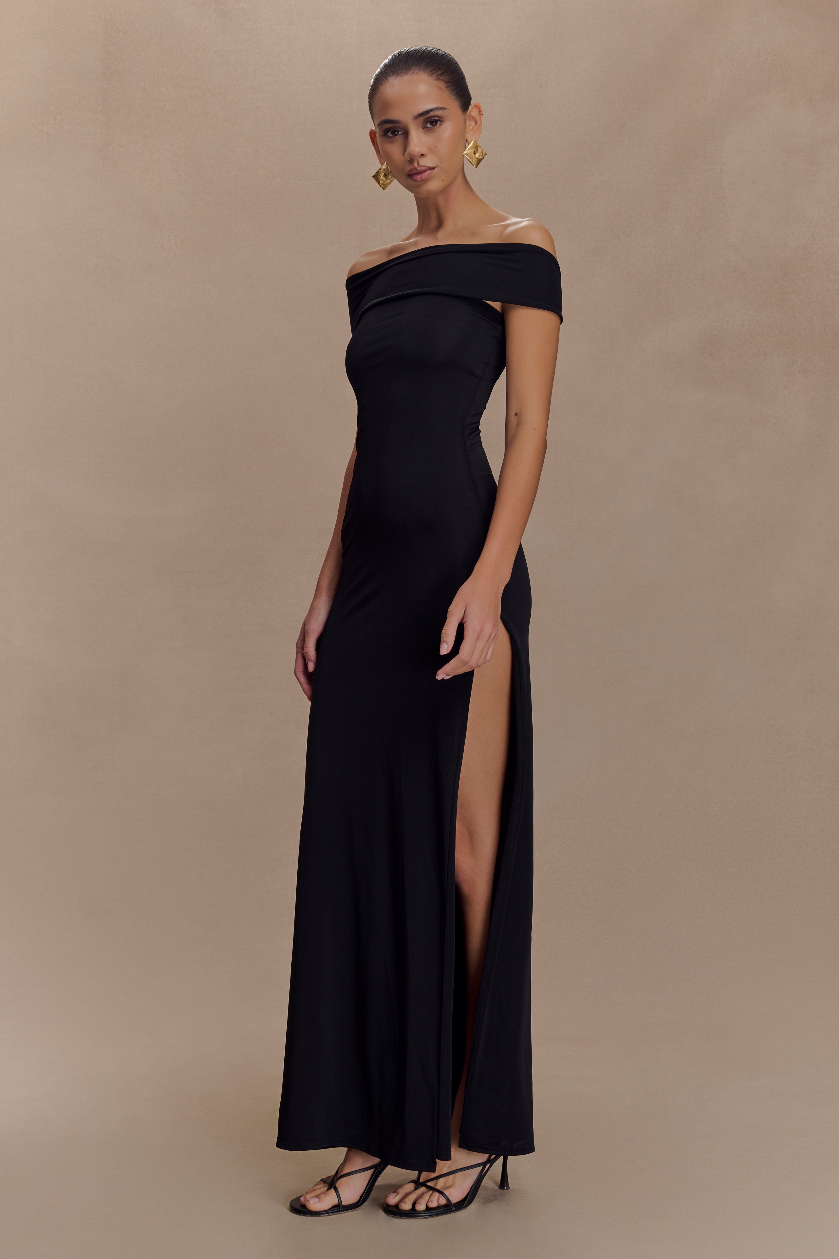 Aurora Slinky And Mesh Split Maxi Dress - Black、mySite、solidvoid