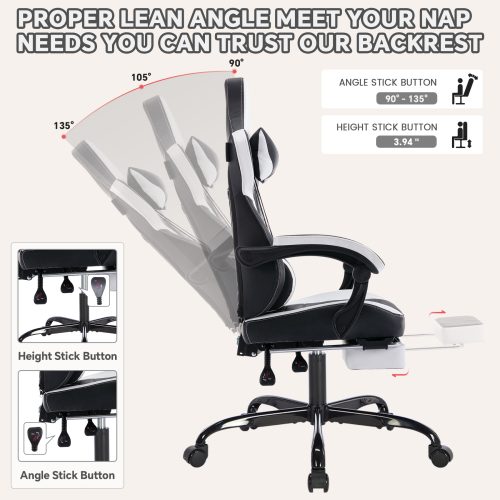 Gaming Chair with Footrest, High Back Gaming Chairs PVC Leather Ergonomic Office Gamer Chair Headrest Lumbar Support Racing Style Video Gaming Chair (Black White)、、casual