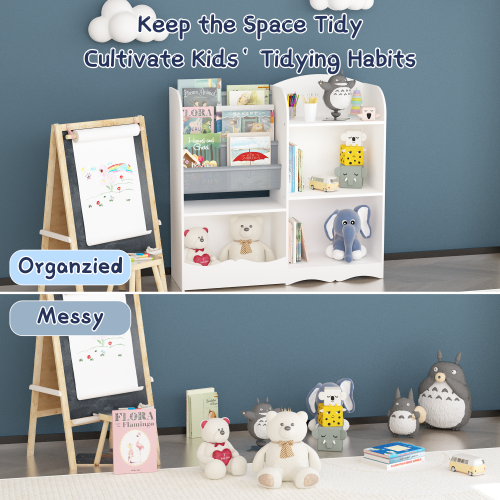 Kids Bookcase and Bookshelf, Multifunctional Bookcase with 3 Collapsible Fabric Drawers, Bookcase Display Stand, Toy Storage Organizer for Bedroom, Playroom, Hallway (White/Pink)、、casual