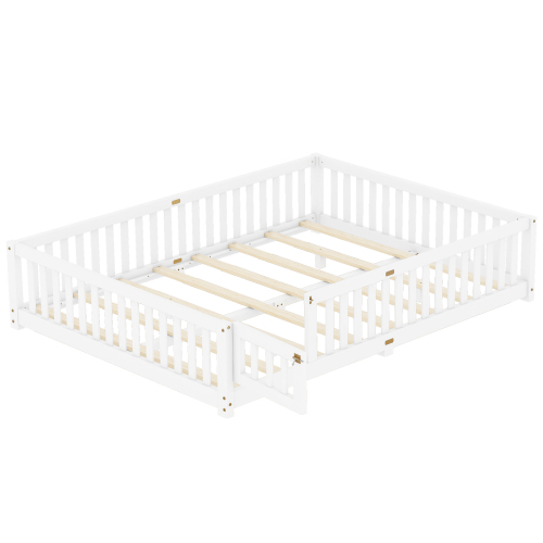 Twin Size Bed Floor Bed with Safety Guardrails and Door for Kids, Natural(Old SKU: W158090686)、、casual