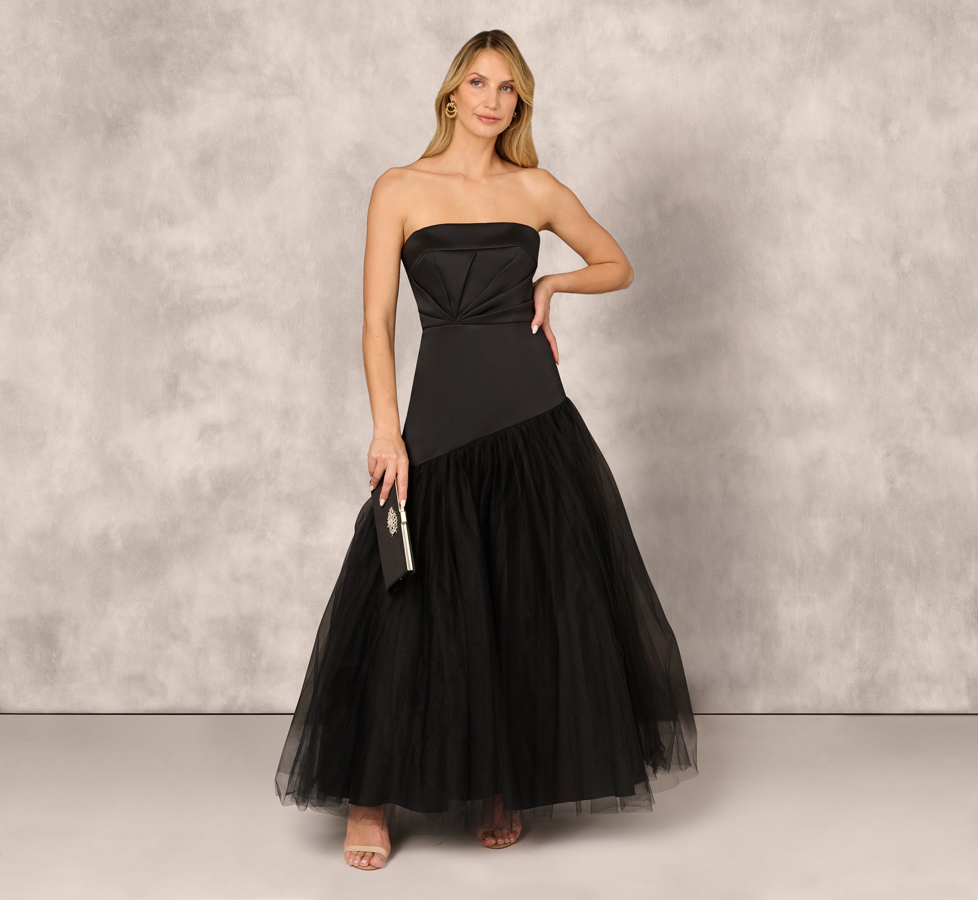 Strapless Mikado Ball Gown With Mesh Skirt In Black、mySite、solidvoid