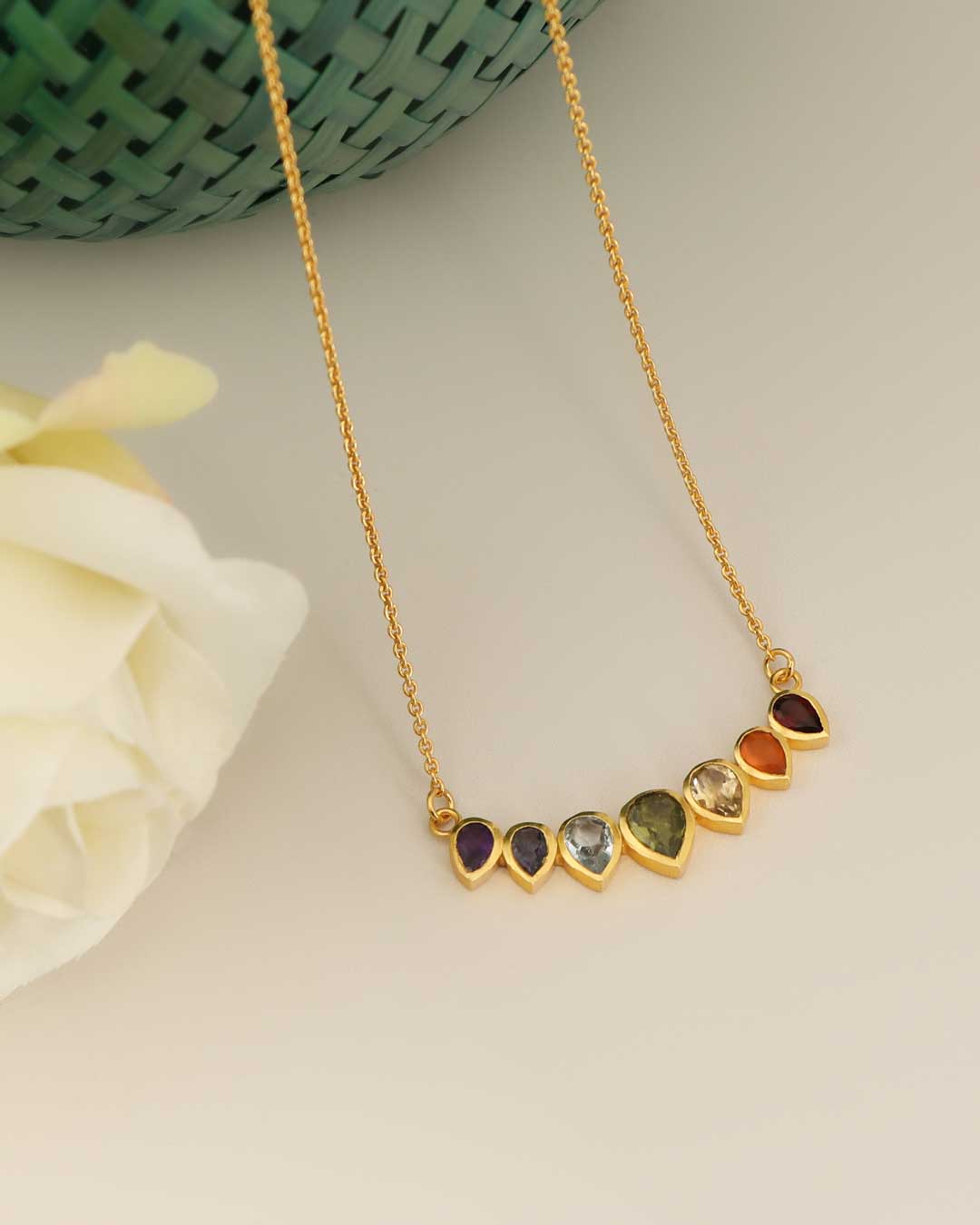 Gold-Plated Chakra Necklace – Teardrop Gemstones Jewelry for Balance & Energy、mySite、topwebapps