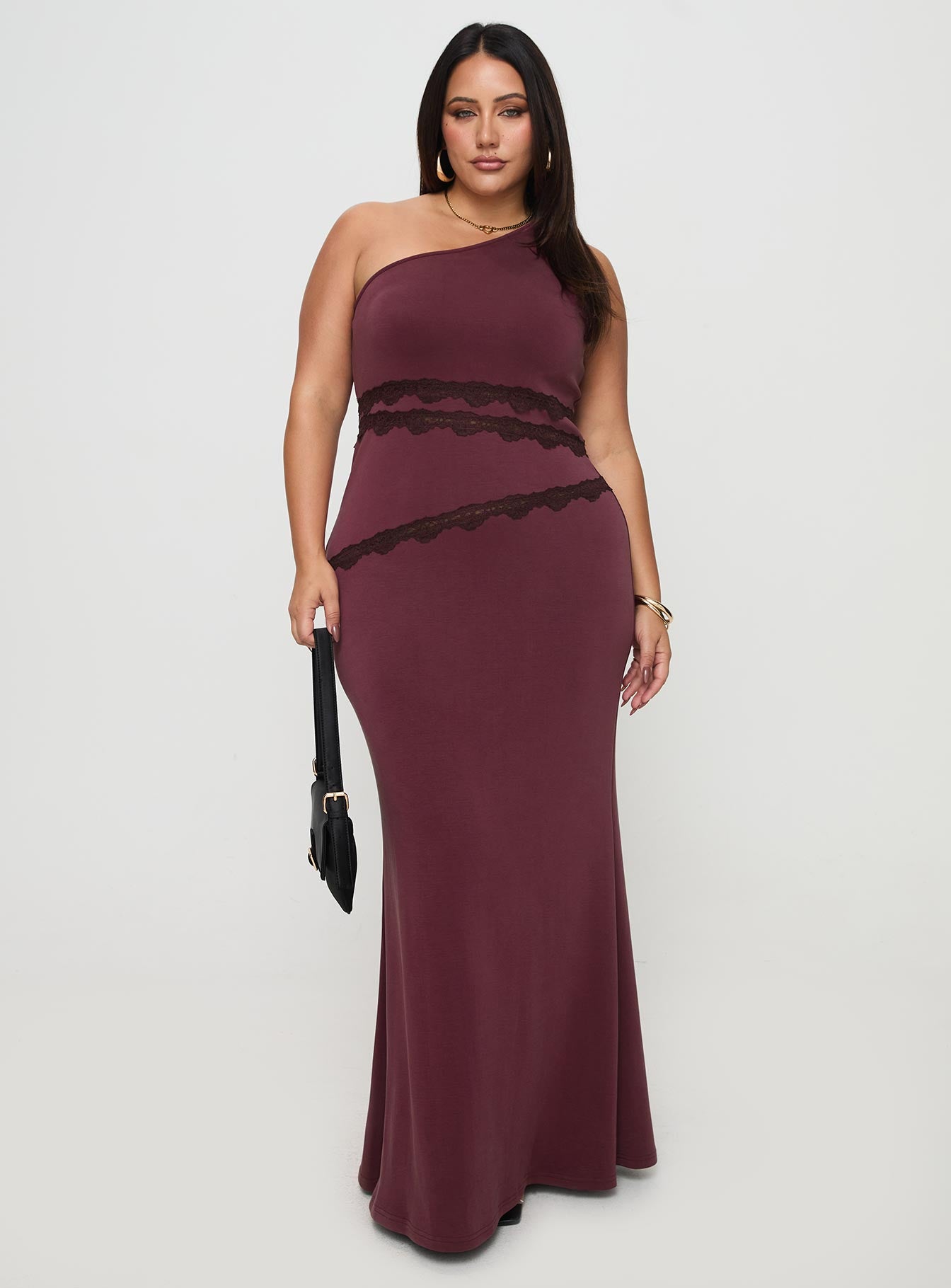 Ultraviolet One Shoulder Lace Maxi Dress Wine Curve、mySite、solidvoid