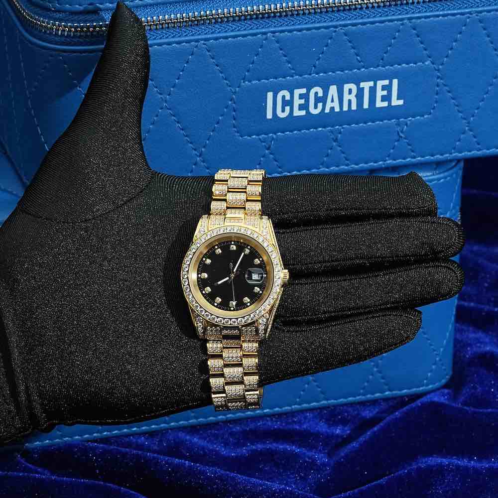 Moissanite Presidential Watch | Black Face | 41MM | 13.3CT Iced Out | 14K Yellow Gold、mySite、hinf8tx79