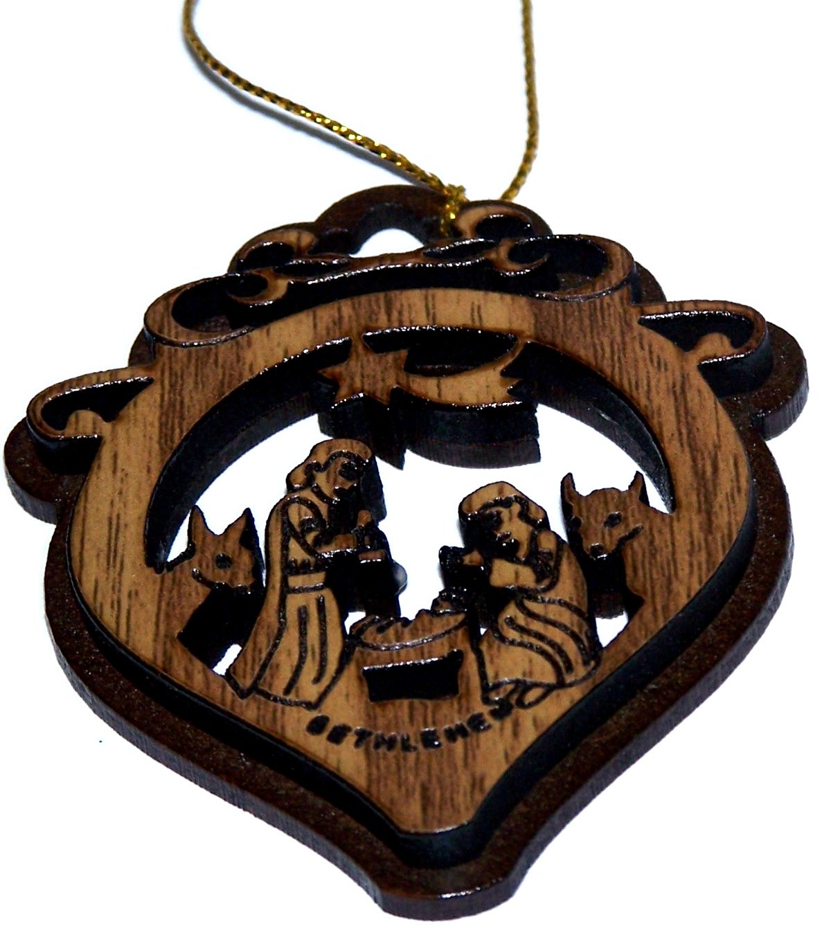  Two Layers Mahogany with Olive Wood Holy Family Nativity Scene Ornament Gift Carved by Laser - Olive Wood (7 cm or 2.8 inch with Certificate) and Gold String、mySite、elrpsem3k