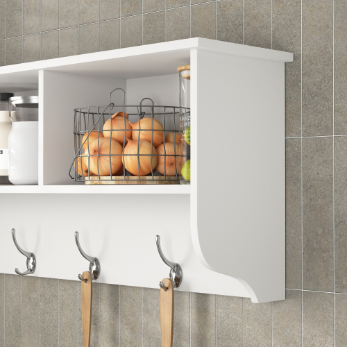White Entryway Wall Mounted Coat Rack with 4 Dual Hooks Living Room Wooden Storage Shelf、、casual