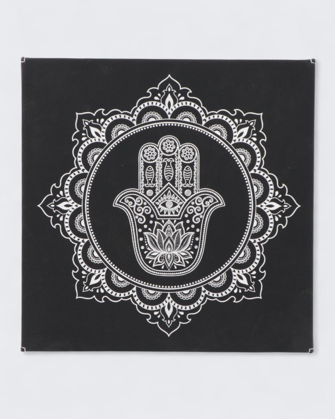 Hamsa Hand Mandala Wall Art – Black & Silver Embossed Leatherette Hanging (10x10)、mySite、topwebapps