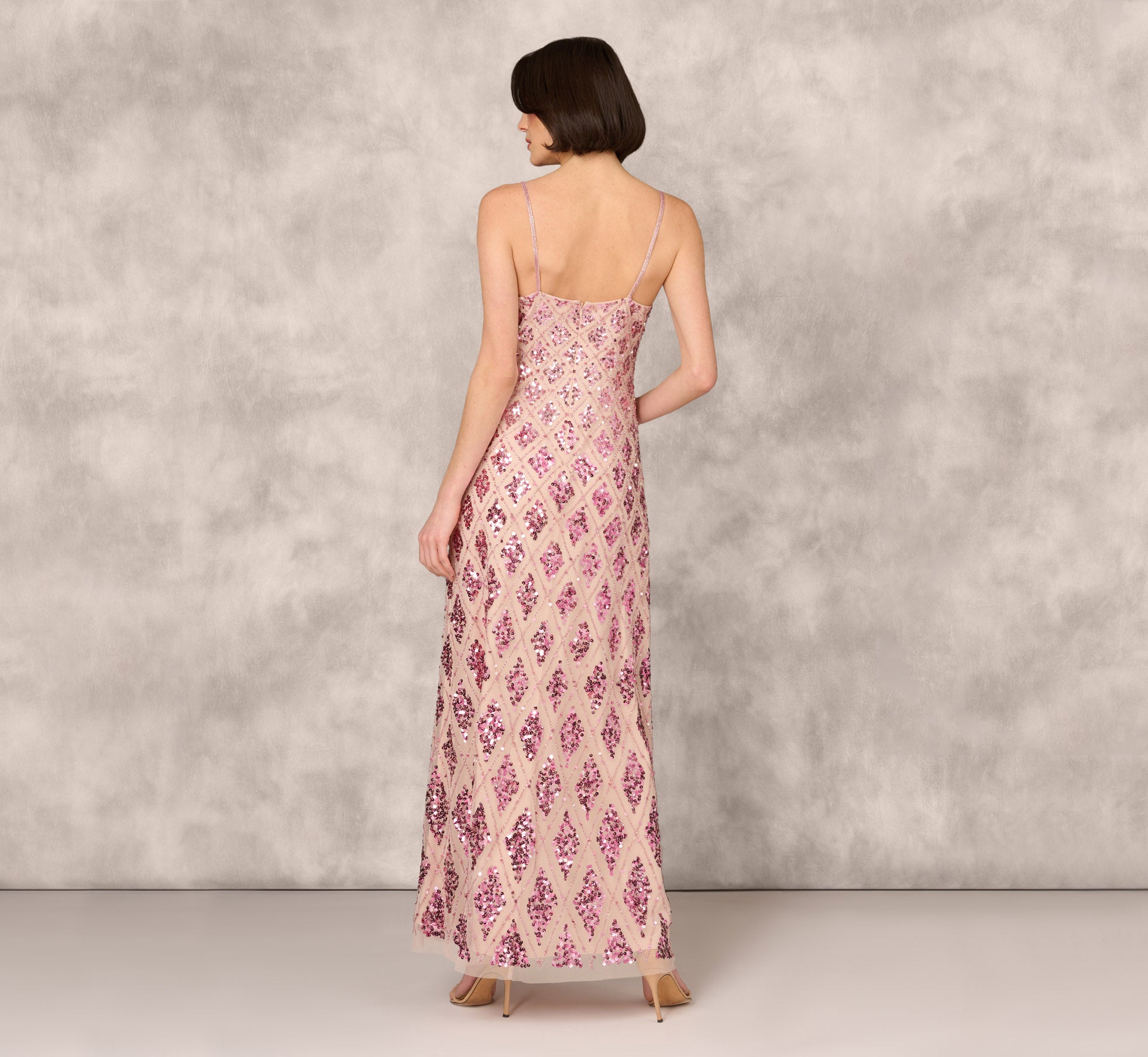 Geometric Sequin Beaded Gown With Scoop Neckline In Pink Multi、mySite、solidvoid