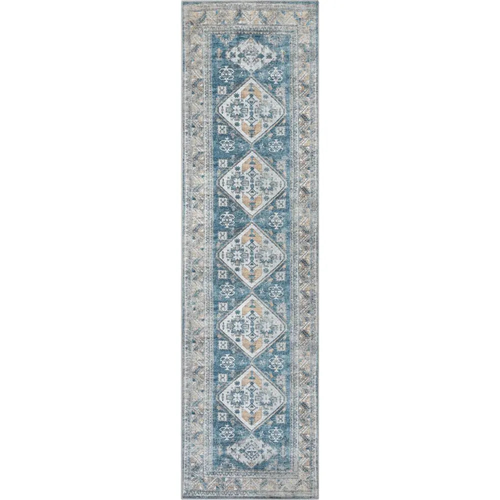 Habra Machine Washable Vintage Medallion Oriental Light Blue Flat-Weave Distressed Rug、mySite、gigharbornorthrealestate