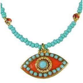 Michal Golan Turquoise, Gold and Coral Evil Eye Pendant and Beaded Necklace、mySite、topwebapps