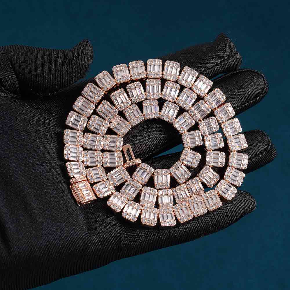 11MM Moissanite Clustered Baguette Tennis Chain 14K Gold、mySite、hinf8tx79