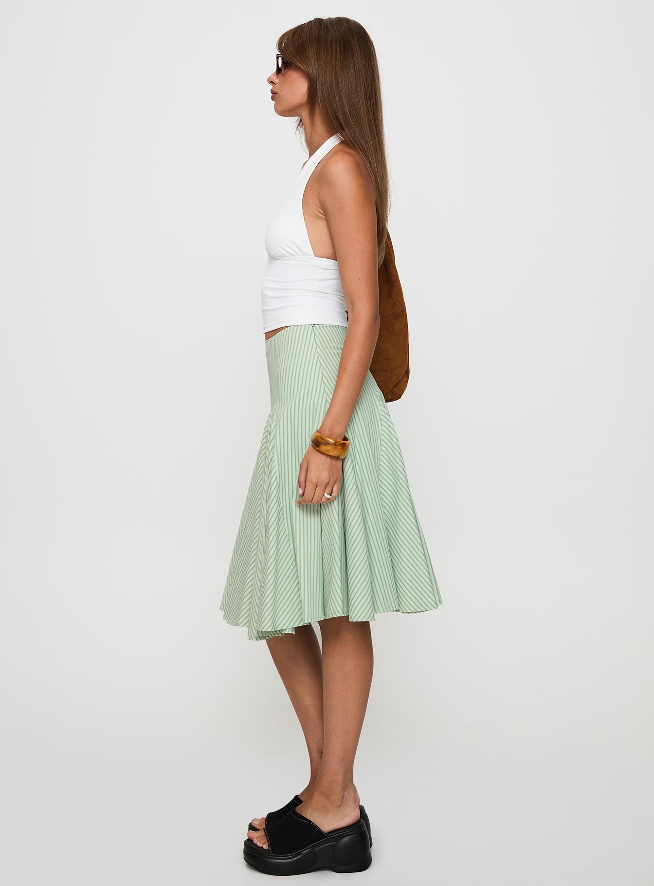 Evangaleine Pleat Midi Skirt Green / White、mySite、solidvoid