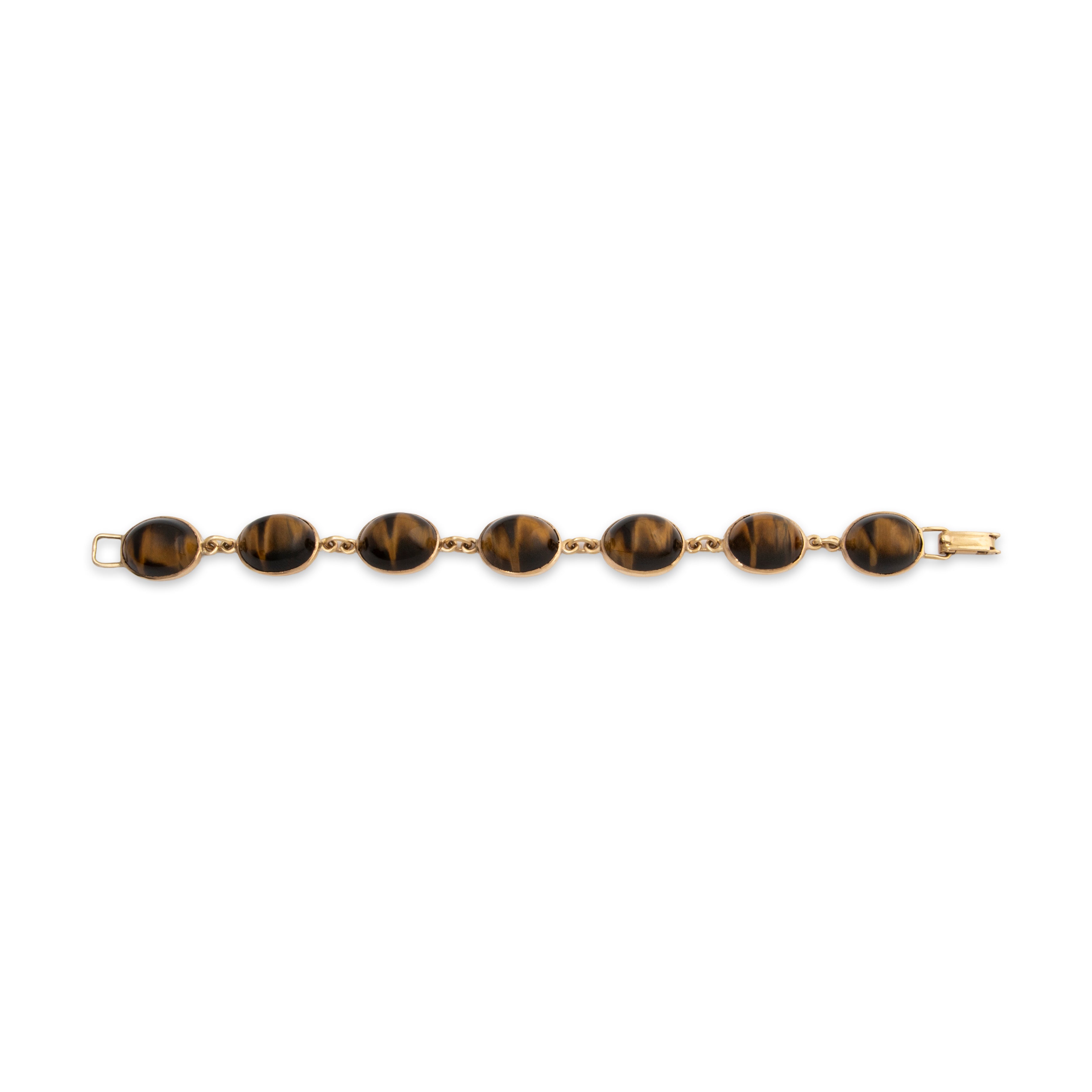 Vintage English 9k Yellow Gold 56cttw Tiger Eye Oval Link Bracelet 6.5、mySite、hinf8tx79