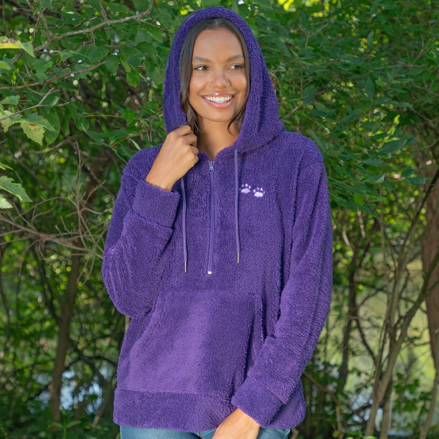 Purple Paws Plush Sherpa Fleece Quarter Zip Hoodie、mySite、camillekostekn