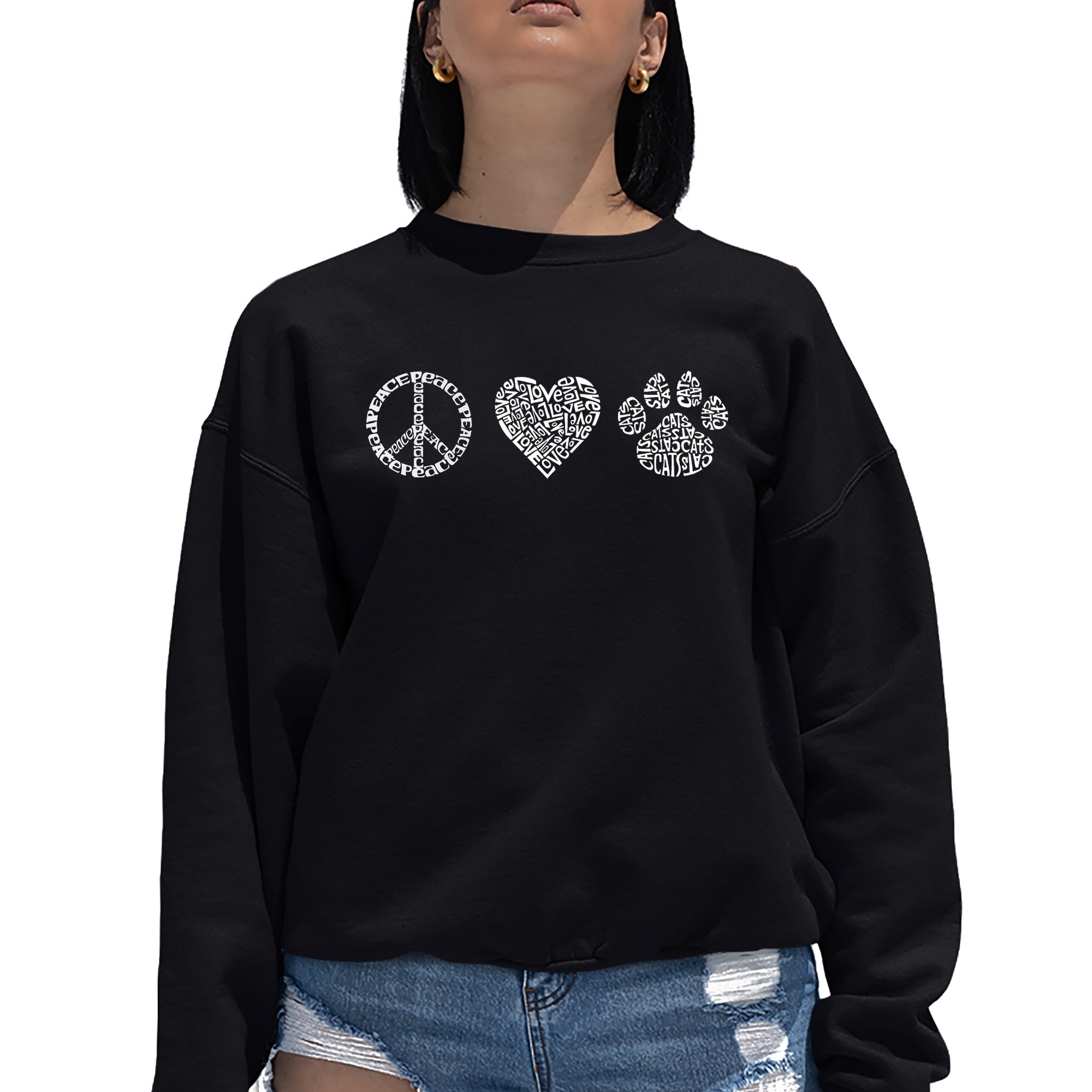 Peace Love Cats - Women's Word Art Crewneck Sweatshirt、mySite、camillekostekn