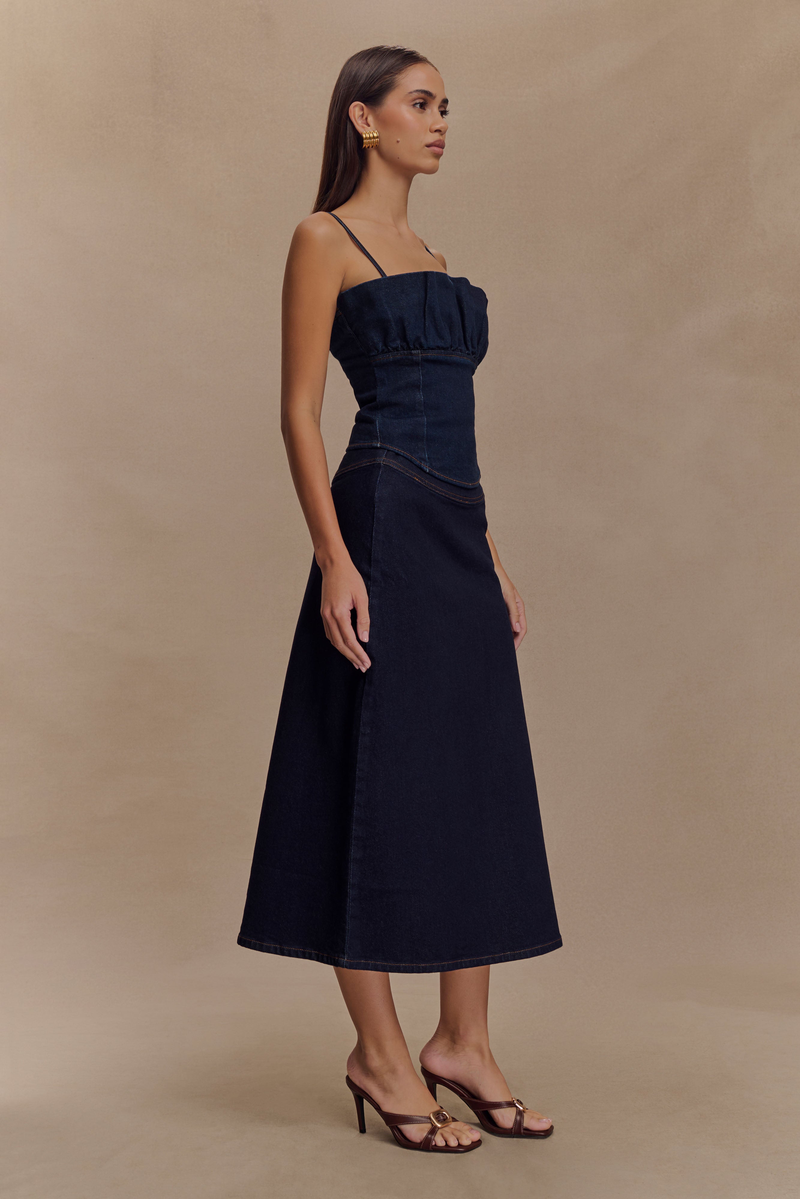 Cecilia Denim A-Line Midi Skirt - Indigo Blue、mySite、solidvoid