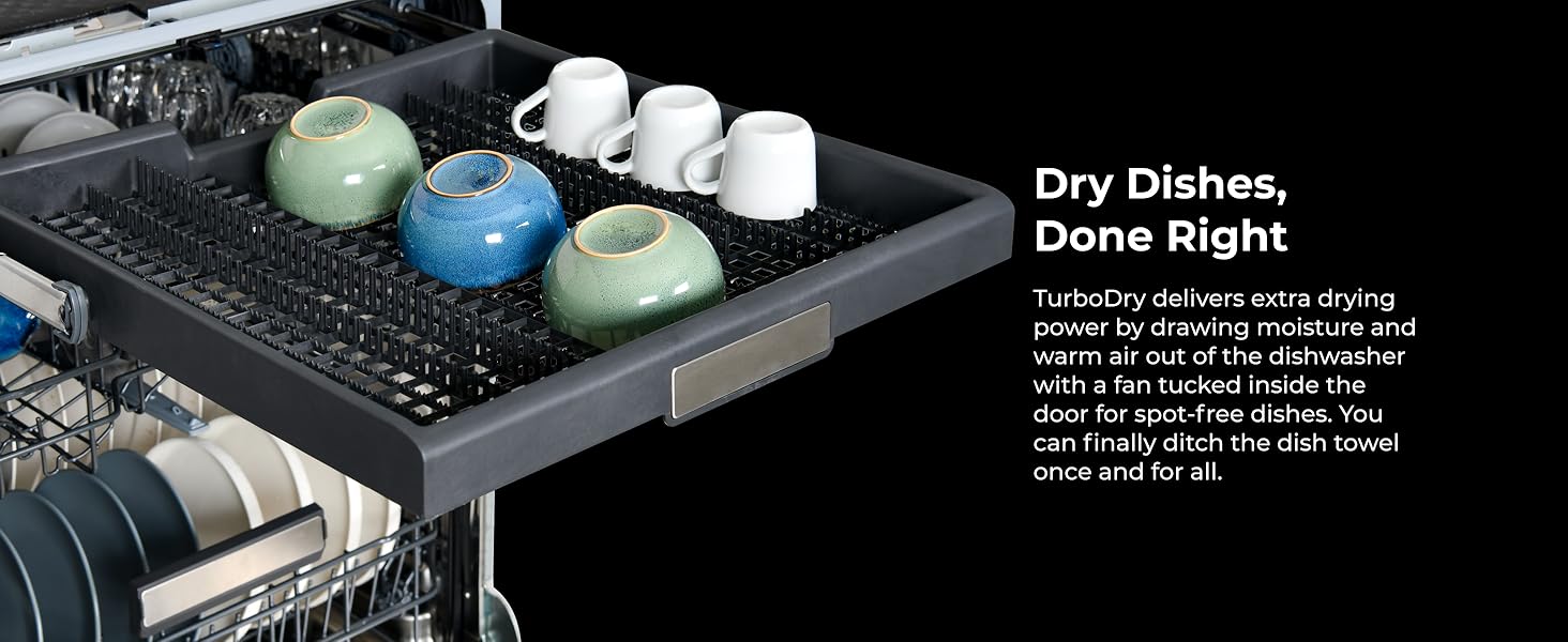 Fan inside dishwasher door removing moisture for faster, spot-free drying