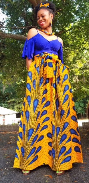 Orange and Blue African Print Peacock Skirt-DP3816SKDF、mySite、solidvoid