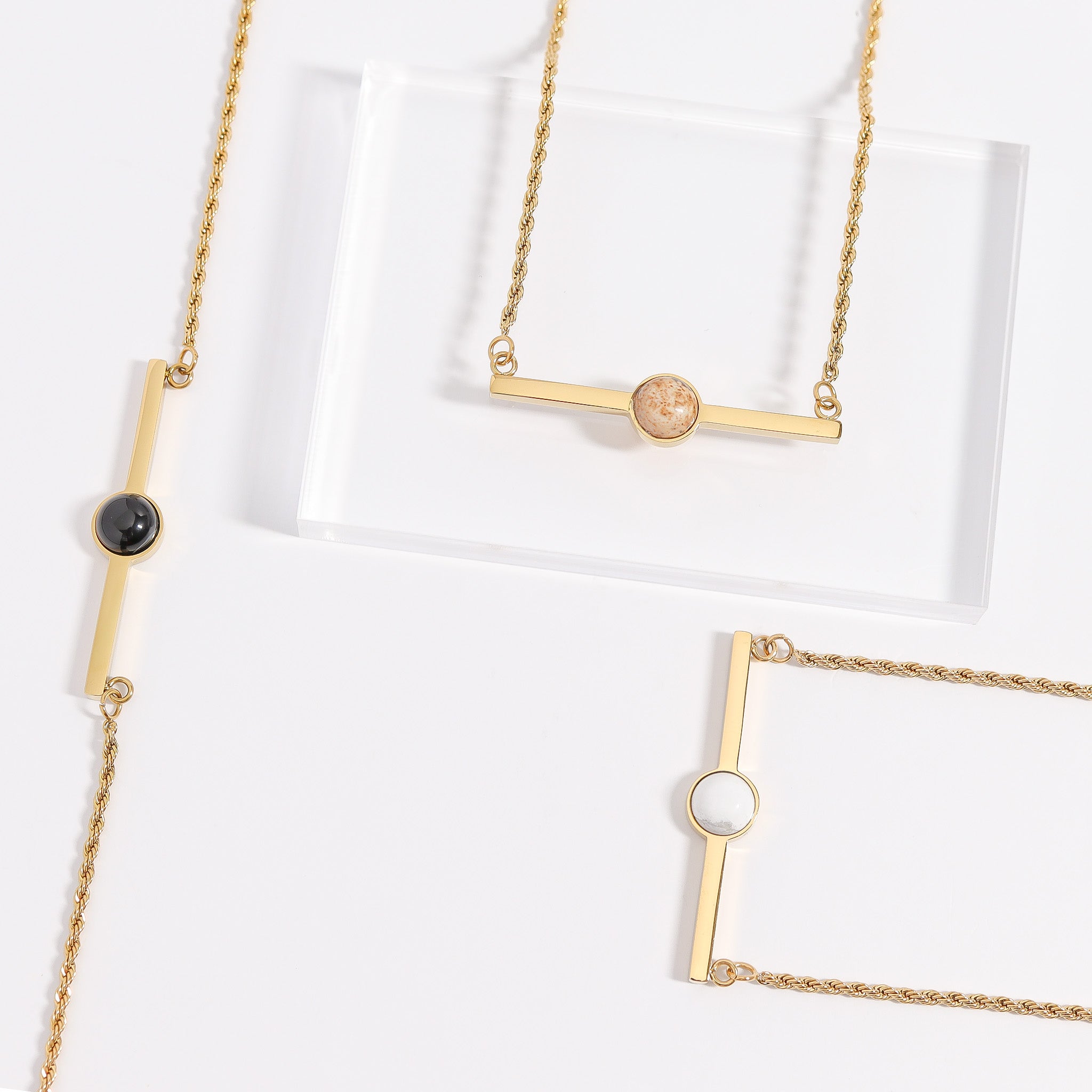 18K Gold PVD Stainless Steel Semi Precious Natural Stone Bar Necklace / CHN9965、mySite、dreamappss