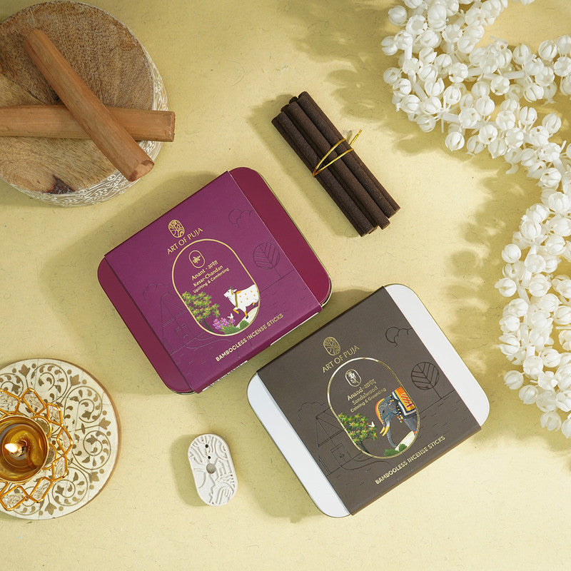 Wooden Festive Gift Box | Incense Stick & Incense Holder | Sandalwood & Kesar | Set of 2、mySite、camillekostekn