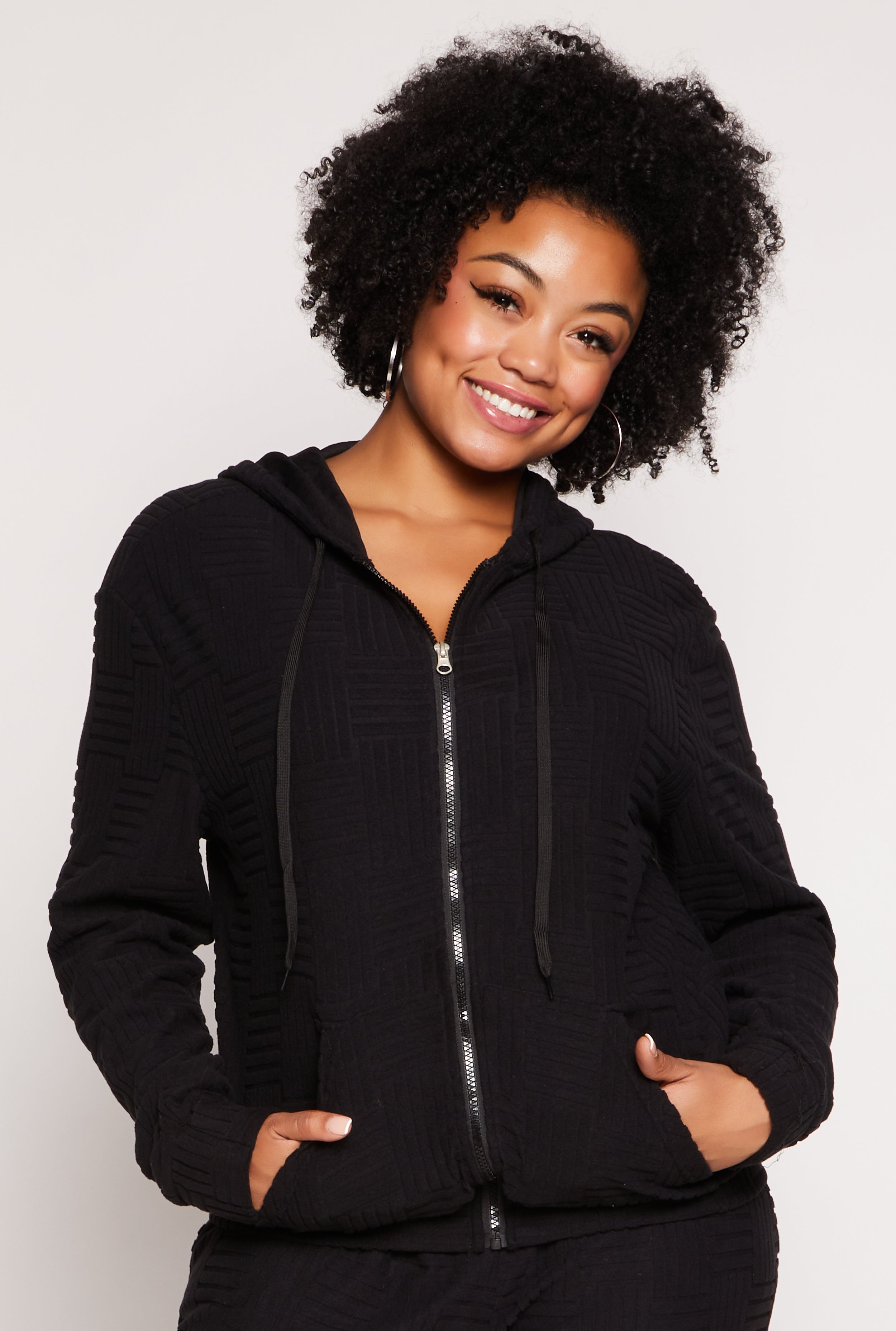 Plus Size Textured Knit Hooded Sweatshirt、mySite、camillekostekn