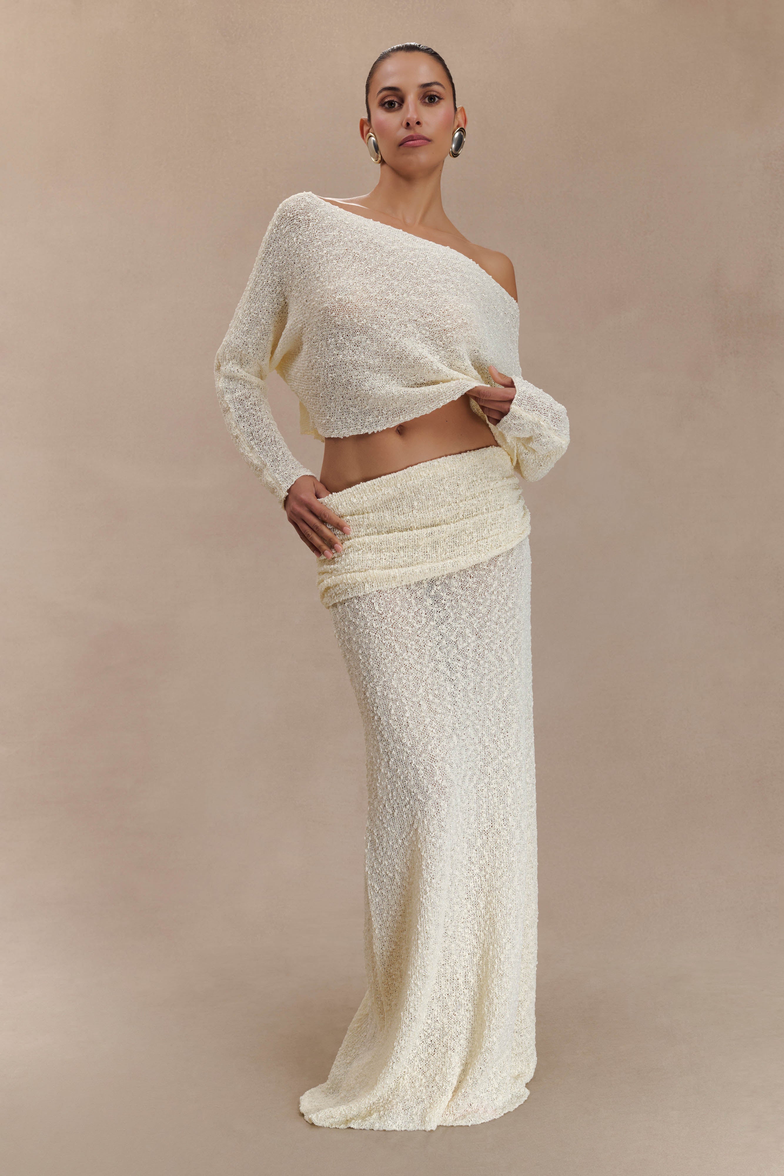 Petra Ruched Knit Maxi Skirt - Ivory、mySite、solidvoid