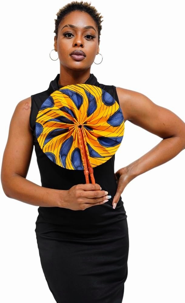 Dupsie's Khanita Foldable Orange and Blue Bulb/Peacock Patterned African Print Ankara Fan DPPF3816、mySite、solidvoid