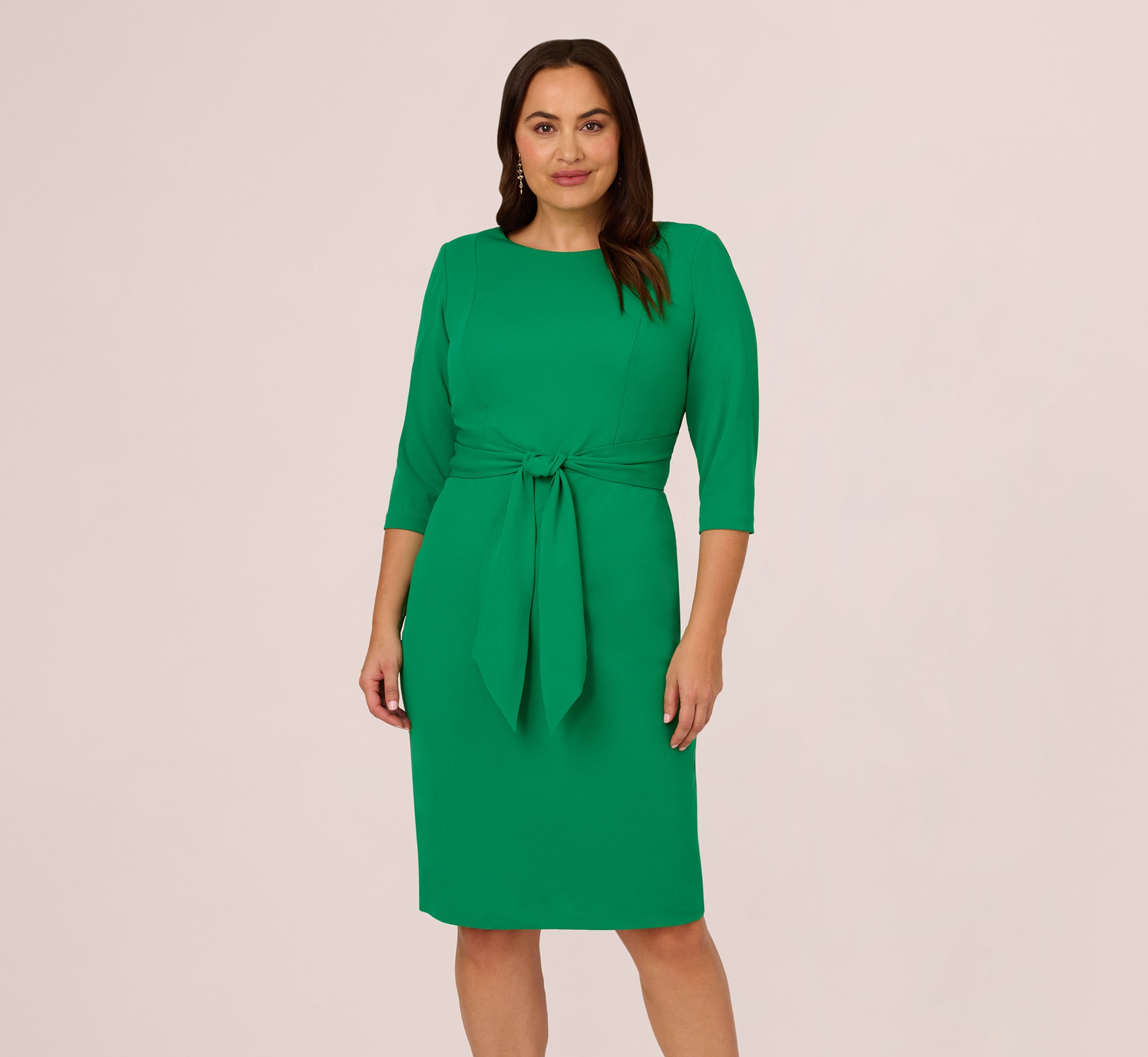 Plus Size Knit Crepe Bow Sheath Dress With Three Quarter Sleeves In Vivid Green、mySite、solidvoid