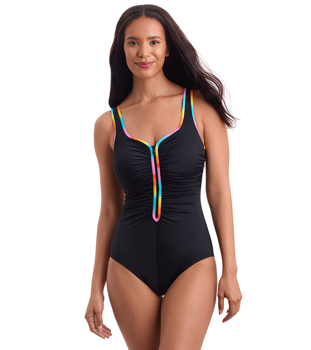 Shape Solver SPORT Women's Shirred Zipper Tank One Piece Swimsuit、mySite、noshort