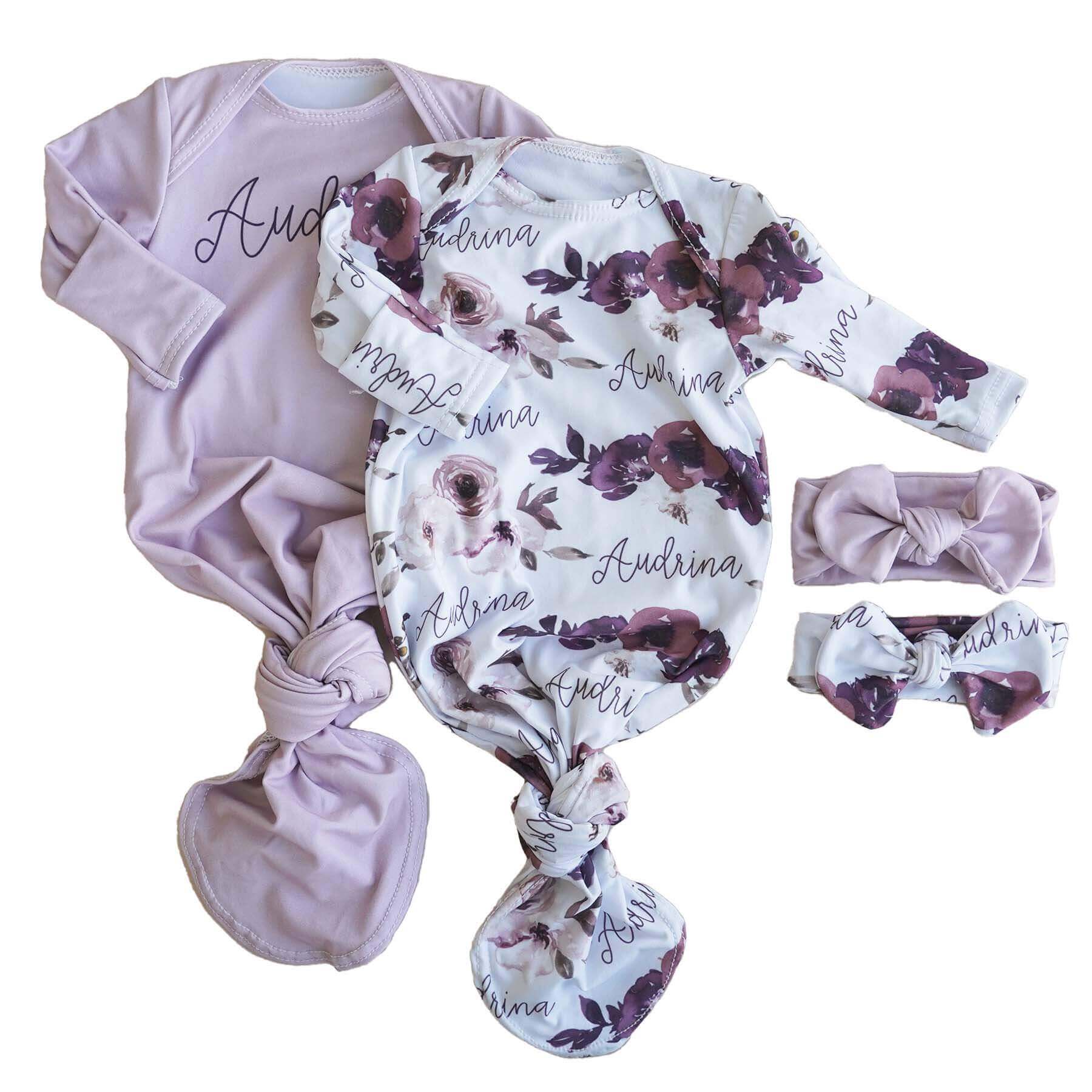  Demi's Floral Personalized Newborn Baby Knot Gown、mySite、layawaytickets