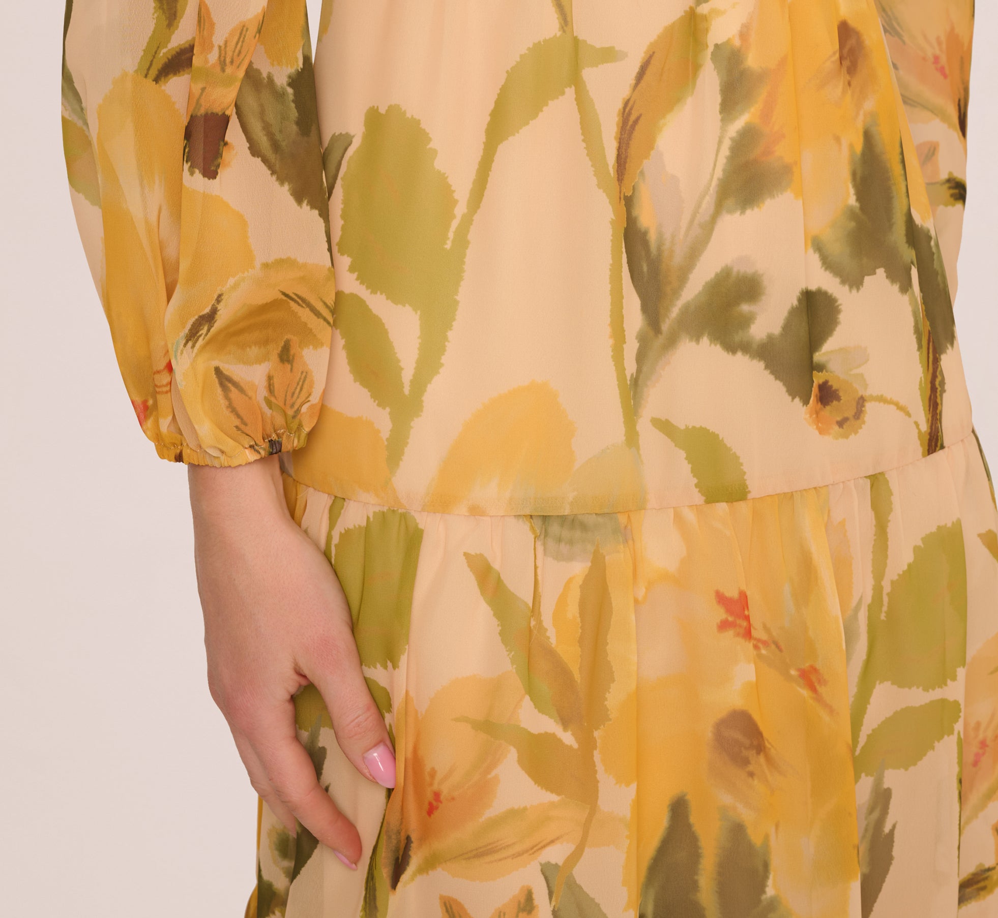 Long Sleeve Floral Organza Midi Dress In Ecru Yellow Multi、mySite、solidvoid