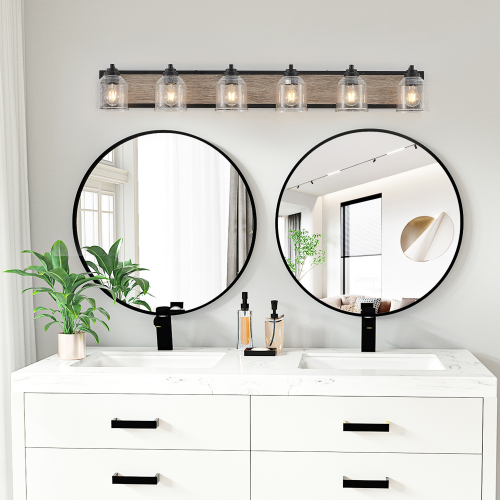 40&quot; Farmhouse Vanity Light Fixture, 5-Light Bathroom Wall Sconce with Clear Seeded Glass Shades, Black and Wood Grain Finish, Modern Industrial Design for Bathroom or Powder Room (No Bulbs)、、eastwooduniform