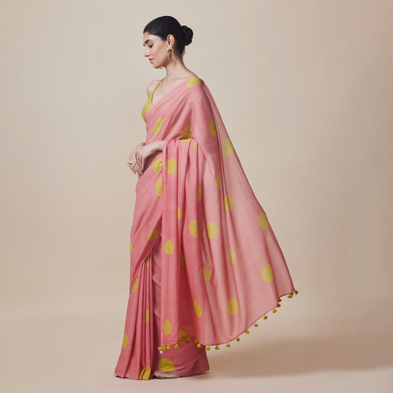 Cotton Solid Saree with Blouse | Polka Dots | Pink & Lime yellow、mySite、camillekostekn