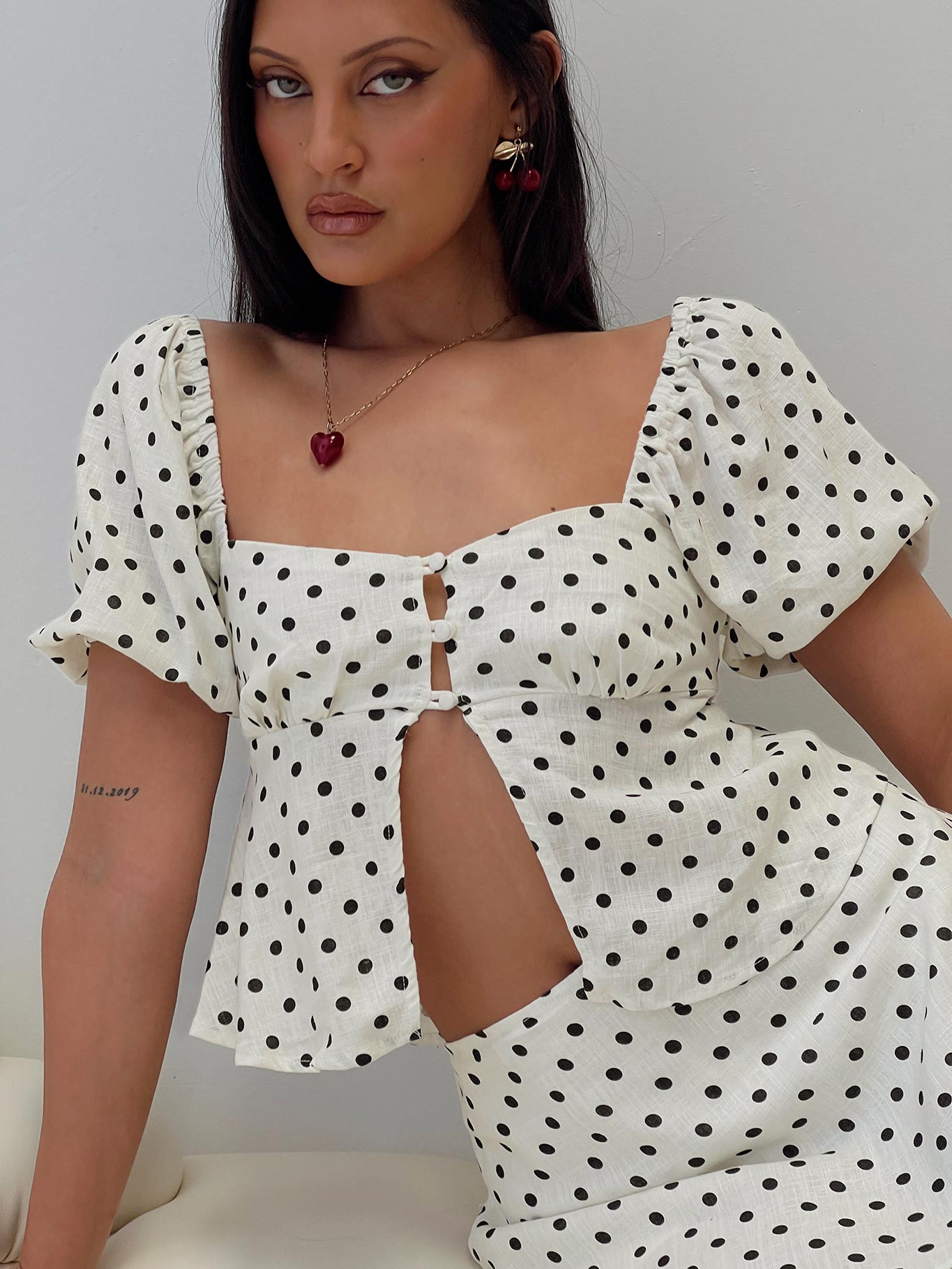 Passionfruit Linen Blend Top Cream/Black Polka Dot、mySite、solidvoid
