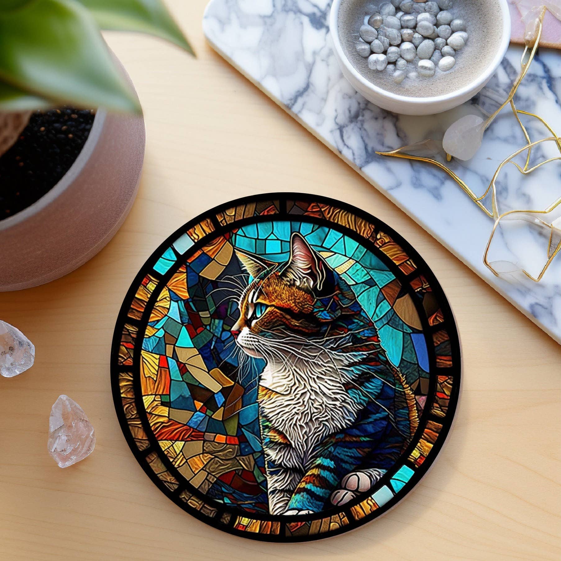 Cat Coaster with Stained Glass Motif, Eco-Friendly Ceramic、mySite、g9winljtr