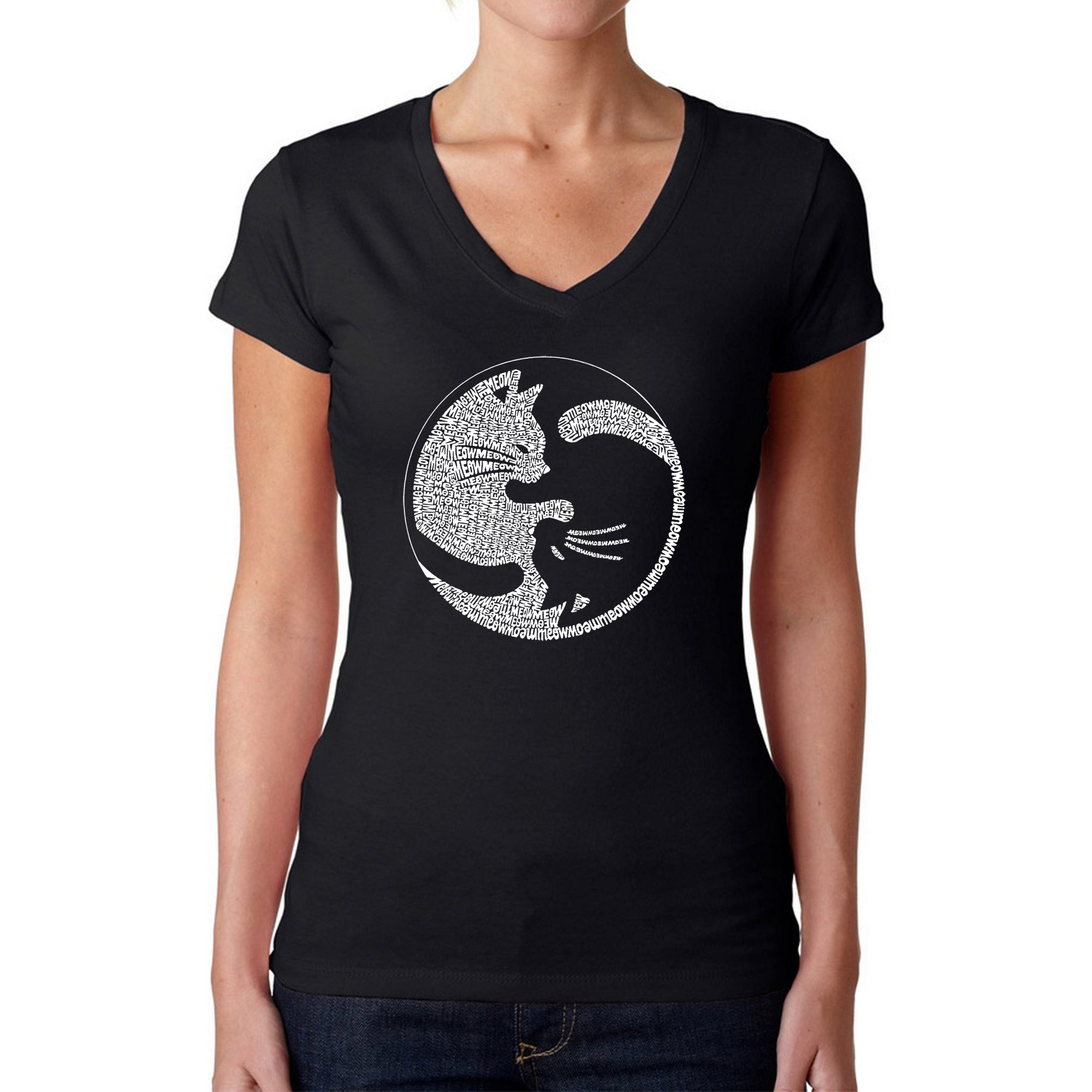 Yin Yang Cat - Women's Word Art V-Neck T-Shirt、mySite、camillekostekn
