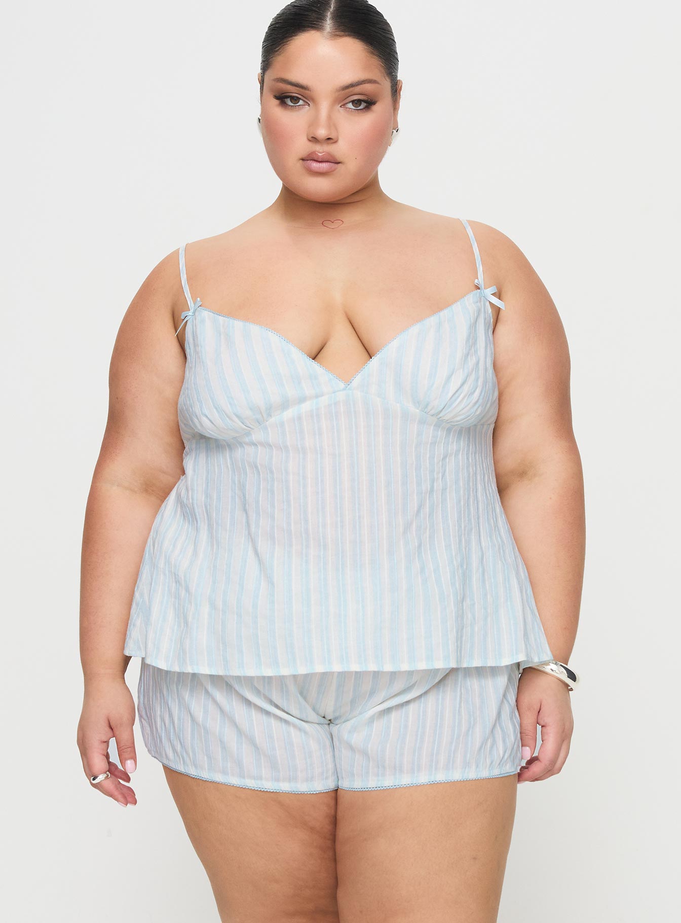 Tenderness Lace Sleep Set Blue / White Stripe Curve、mySite、solidvoid