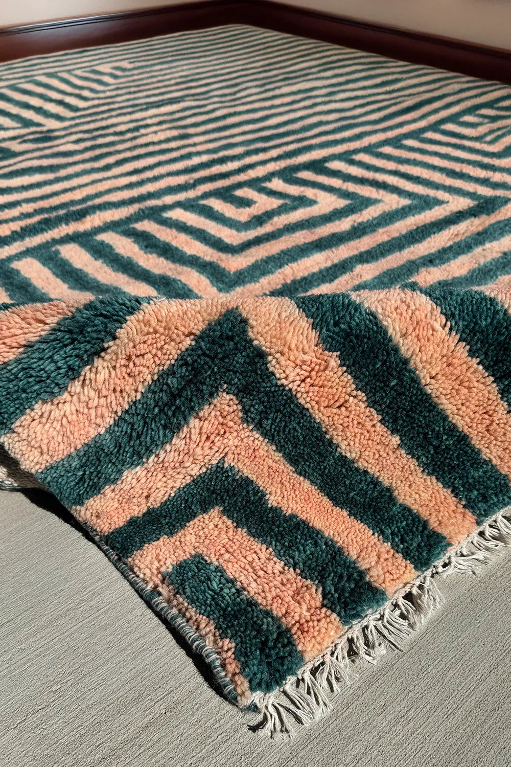 Green and Peach Maze Moroccan Hand Knotted Wool Shag Rug 5x8、mySite、gigharbornorthrealestate