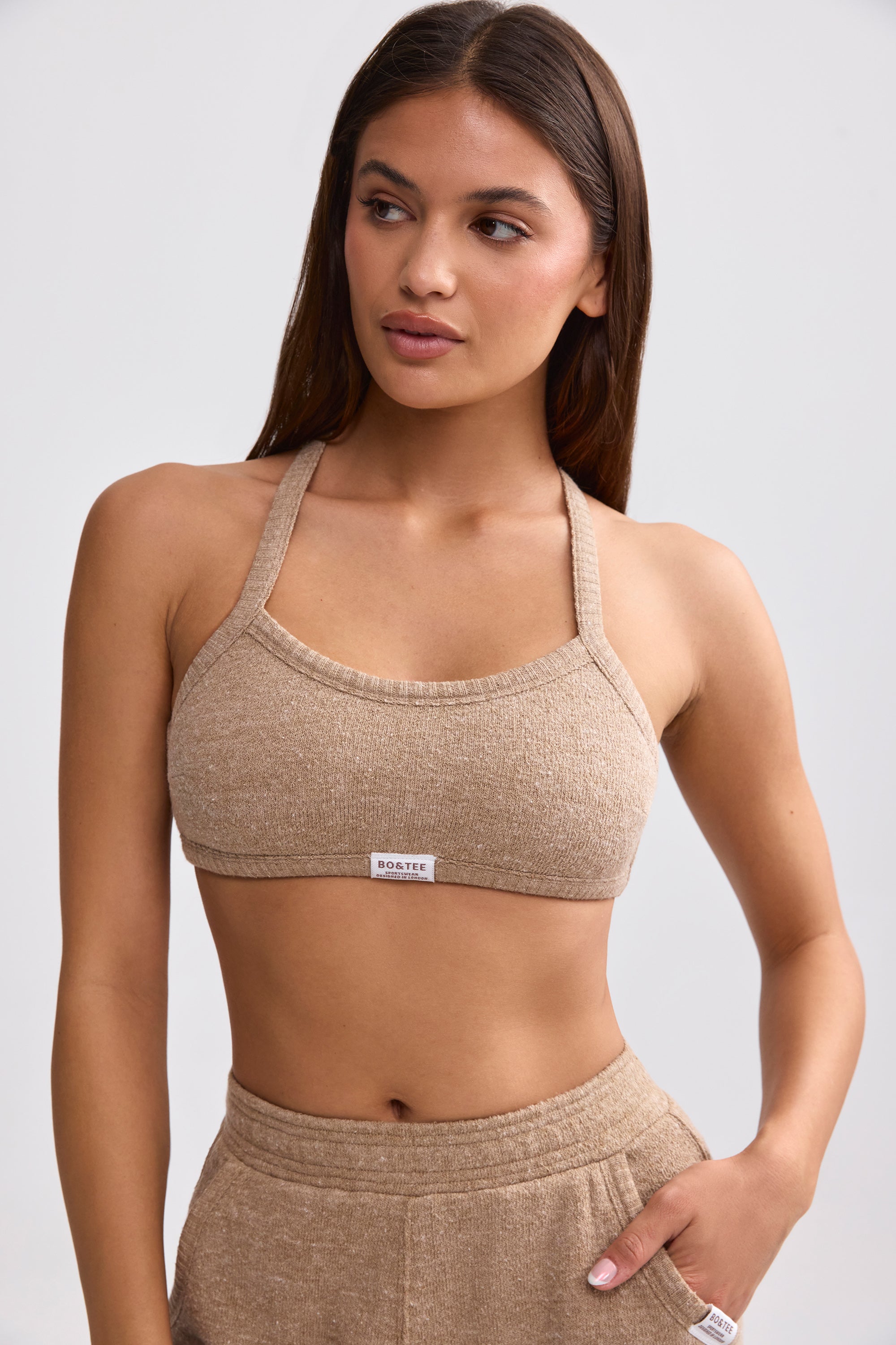 Terry Towelling Scoop-Neck Bralette in Mocha Brown、mySite、solidvoid