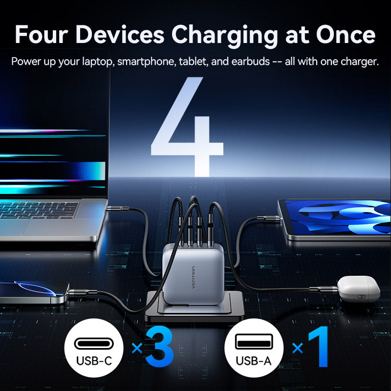 Vention 4-Port USB (C + C + C + A) GaN Charger (100W/100W/30W/30W) Gray with USB-C to USB-C Cable (1M) Black US-Plug、mySite、fannypackpong