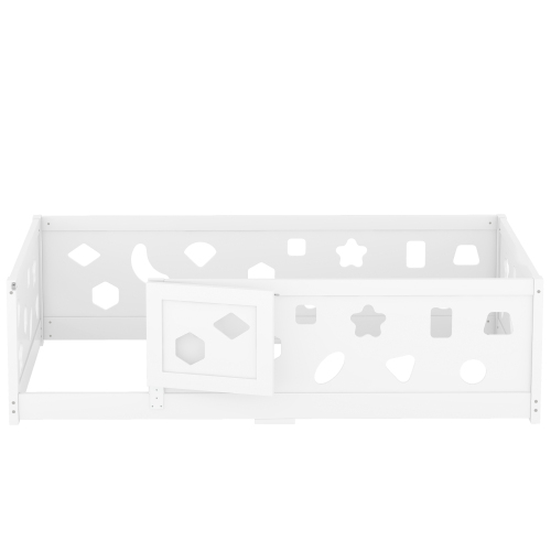 Twin Size Floor Bed with Heightened Safety Guardrails and Door, Solid Wood Bedframe with Rails for Girls, Boys, Teens, Child Bedroom, Kids Playroom, No Slats Included, White、、casual