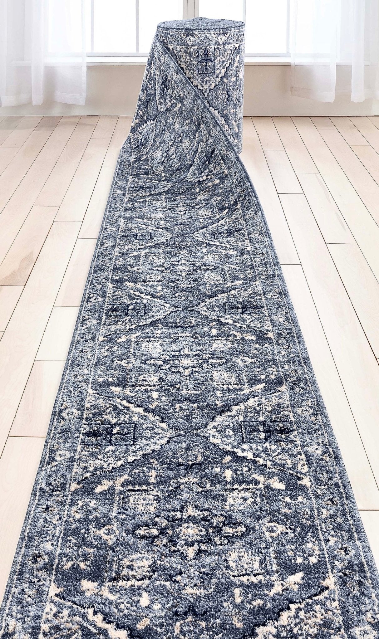 Custom Size Runner Camilla Farmhouse Medallion Denim Blue Choose Your Width x Choose Your Length Hallway Runner Rug、mySite、gigharbornorthrealestate
